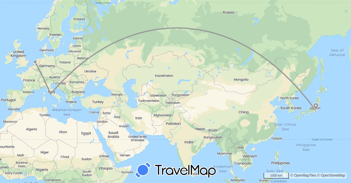 TravelMap itinerary: driving, plane in Italy, Japan, Netherlands (Asia, Europe)